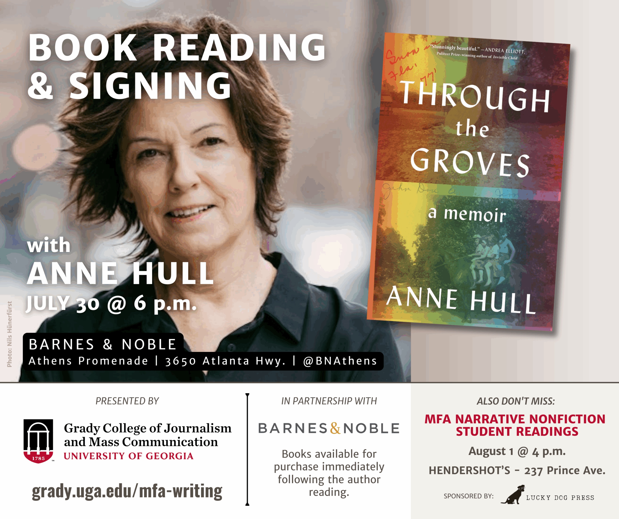 Billboard with headshot of Anne Hull and book cover of "Through the Groves."